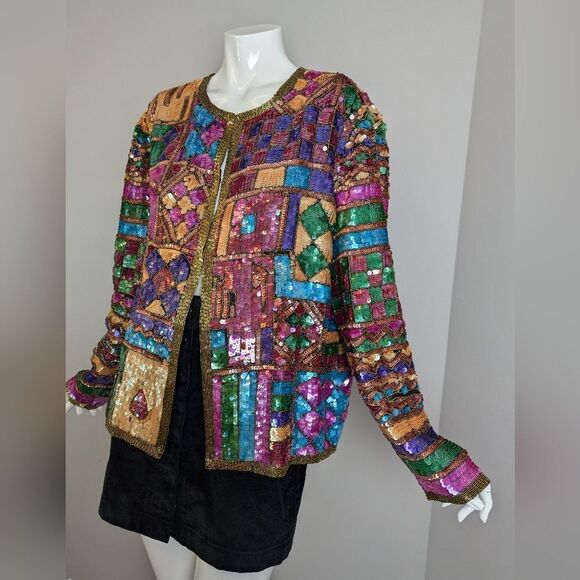 Vintage 100% Silk Sequin Jacket – Art Deco Patchwork – XL Statement Glam - Picture 4 of 13